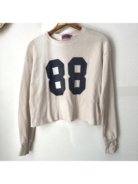 Edikted Tops - Edikted 88 Crop Long Sleeve Waffle Knit XS cream blue collegiate preppy